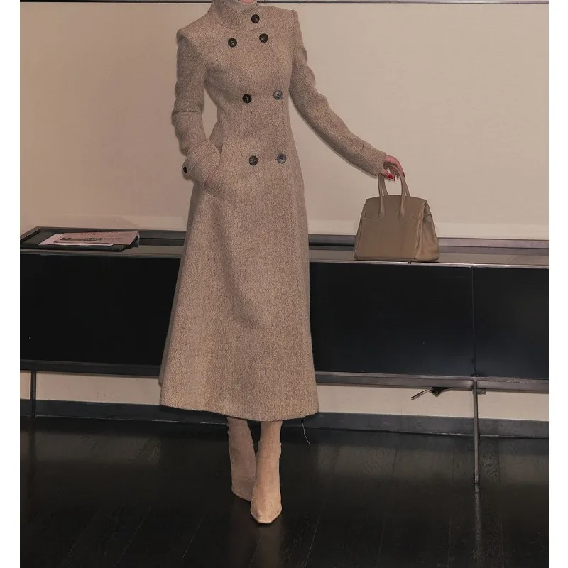 

Винтажное, элегантное и высококачественное длинное шерстяное пальто с воротником-стойкой, новый стиль, универсальное шерстяное пальто