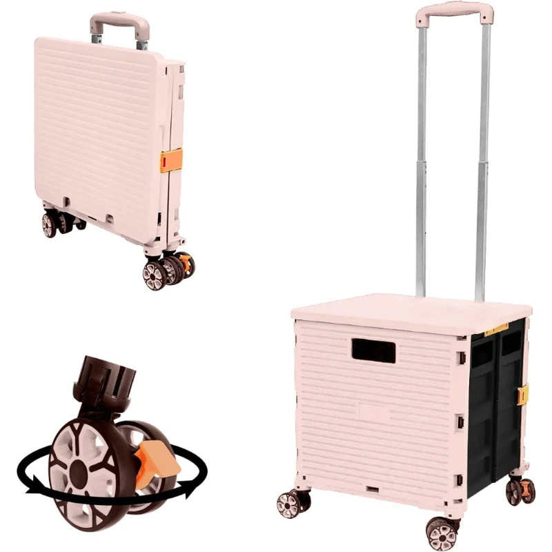 

FELICON SELORSS Foldable Utility Cart Folding Portable Rolling Crate Handcart with Durable Heavy Duty Plastic Telescoping Handle