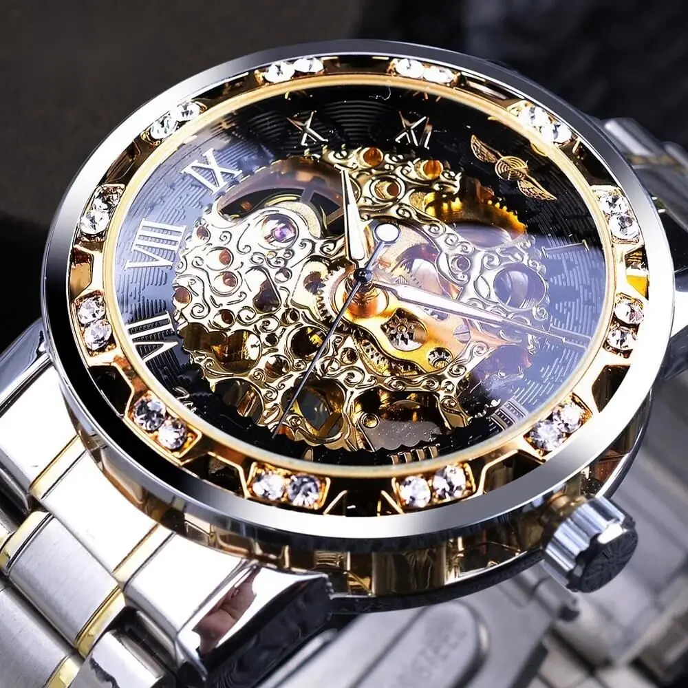 Mechanical Watch For Men Transparent Fashion Diamond Luminous Pointer Royal Design Luxury Steel Band Men Watch Reloj Hombre