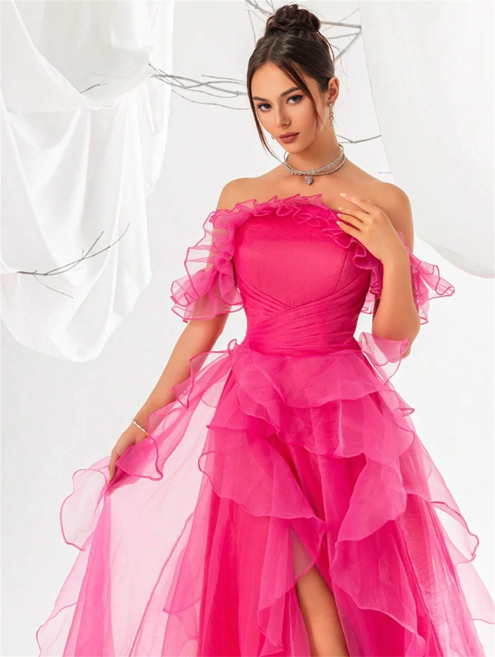 Annie Sweetheart-vestidos de Organza para graduación, ropa de noche Sexy con hombros descubiertos, abertura lateral, color rosa