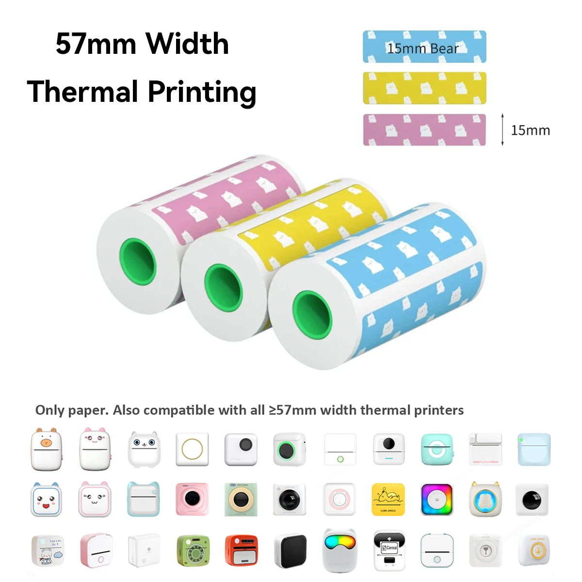 PeriPage A6 Thermal Label Sticker Paper 15mm Bear Color Label Paper 57X30mm BPA Free For All 57mm Width Print Thermal Printers