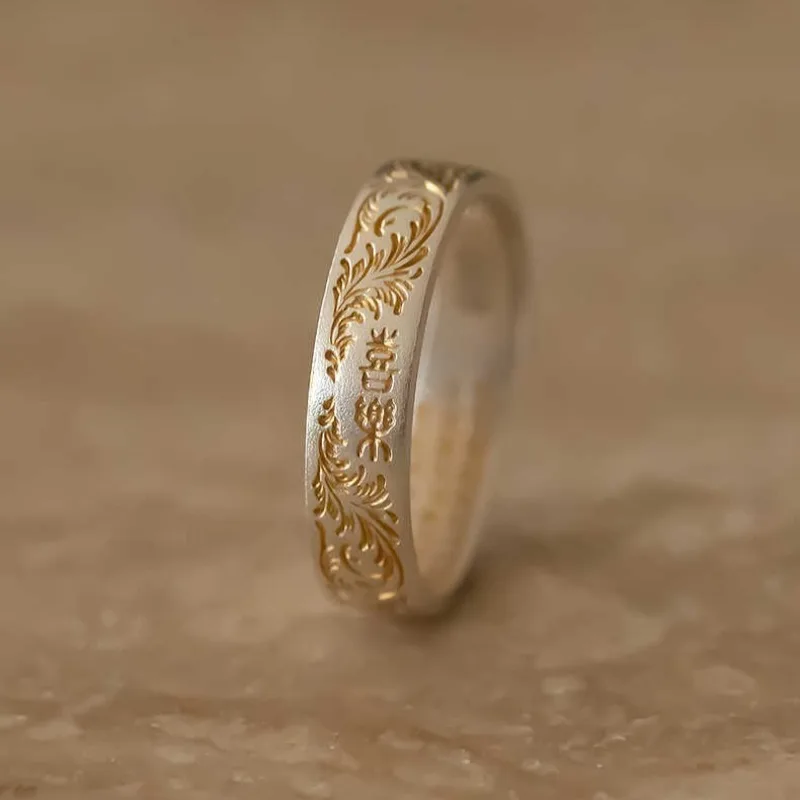Solid Gold Traced Open Ring with Tang Arabesque Pattern and Inner Heart Sutra Vintage Chinese Buddhist Meditation Jewelry Gift