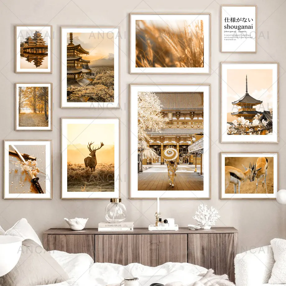 Autumn Japanese Cherry Blossoms Kimono Deer Building Art Print Canvas Painting Nordic Poster Pictures For Living Room Decoration