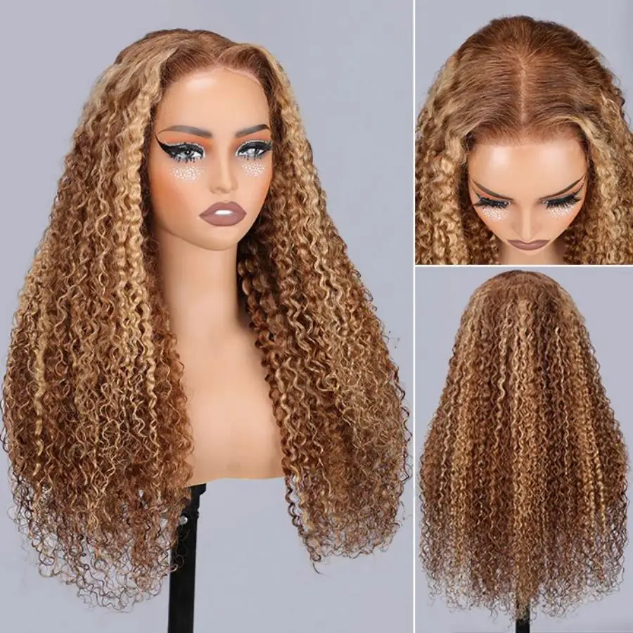 Deep Wave Honey Blonde Glueless Wigs 100% Human Hair Pre Cut Highlight Wear and Go Curly Wigs for Women Ombre HD Lace Front Wig image 3
