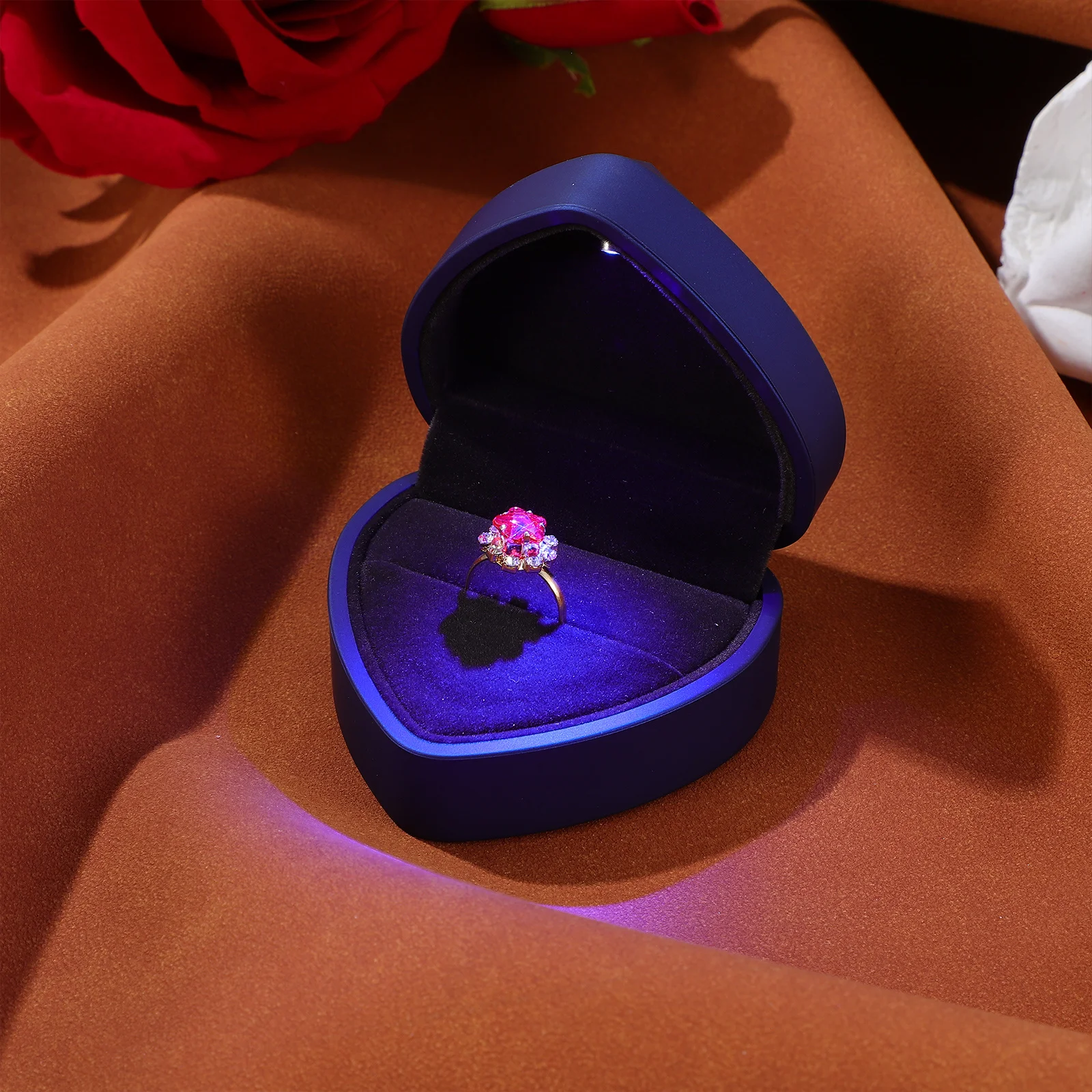

Heart Shape Ring Box Blue Led Lighted Interior Premium Jewelry Storage For Wedding Proposal Valentine'S Day Gift