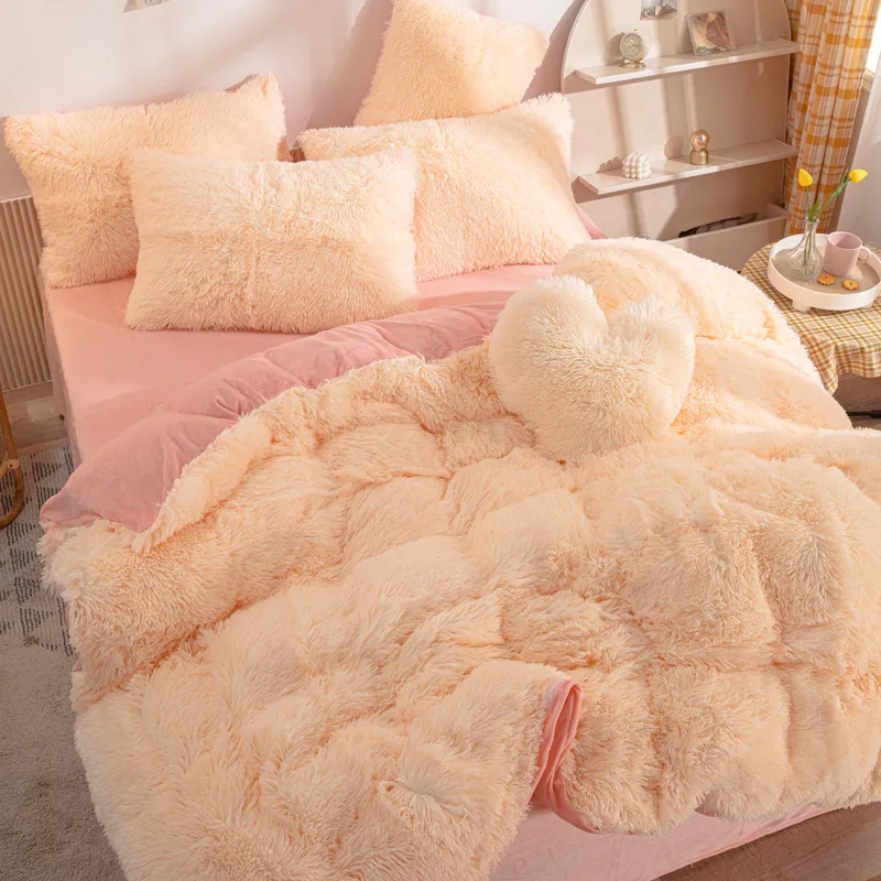 Furry Bedding Set Luxury Coral Fleece Princess Mink Velvet Warm Quilt Duvet Cover Set Bed Blanket Bedroom Comforter Bedding Sets