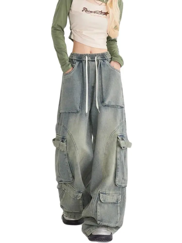 Multi-Pocket Cargo Pants Y2k Retro High Street Fashion High Waist Jeans Couple Harajuku Simple Casual Wide Leg Pants