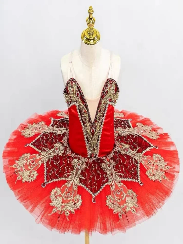 

Red high-end ballet TUTU 3D three-dimensional flower performance competition dance costumes tailored for adults and children