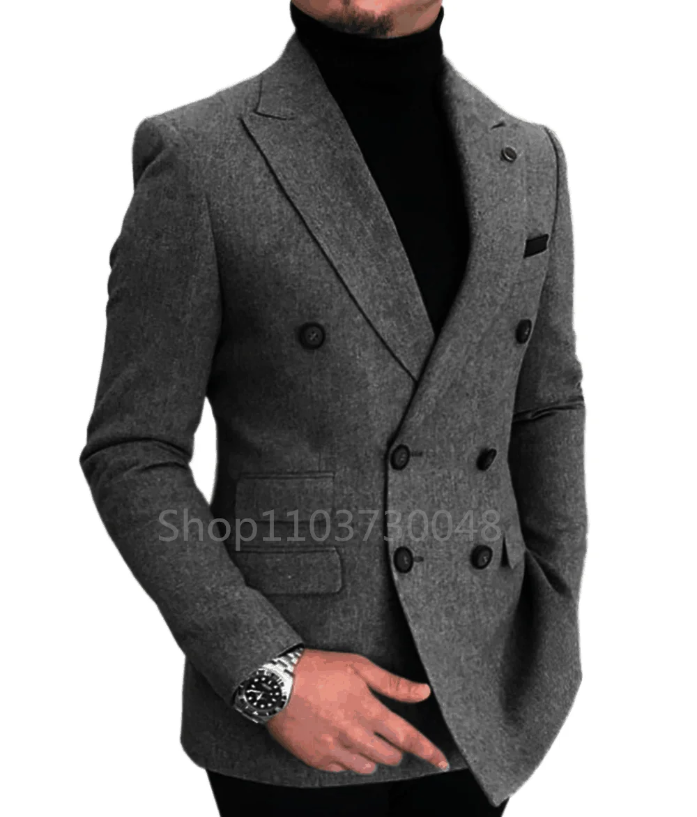 Men\'s Woolen Blazer Jacket Peak Lapel Double Breated Suit Coat Slim Fit Male Casual Business Wool Men\'s Jacket For Autumn Winter