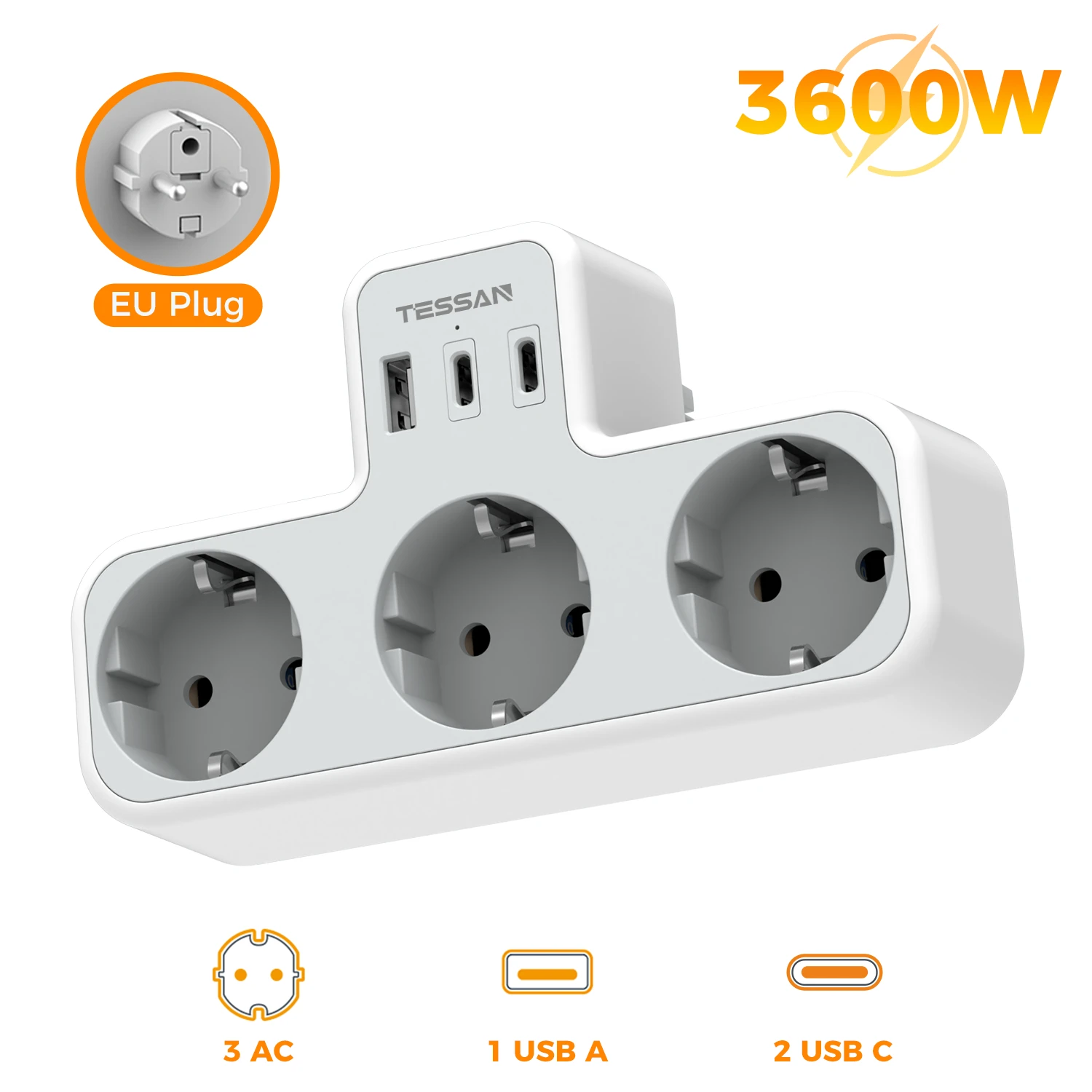 TESSAN Mehrfachsteckdose nach EU-Standard, USB-Wandsteckdose, 6-in-1-Verlängerungssteckdose mit 3 AC-Steckdosen, Adapter, Wandladegerät für Zuhause und Büro