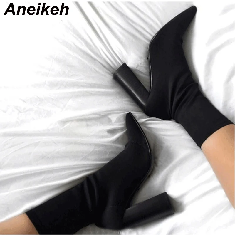 

Aneikeh Fashion Pointed Toe Ankle Boots High Heels Women Stretch Chelsea Boots Slip-On Thick Heel Shoes Black Spring/Autumn 2025