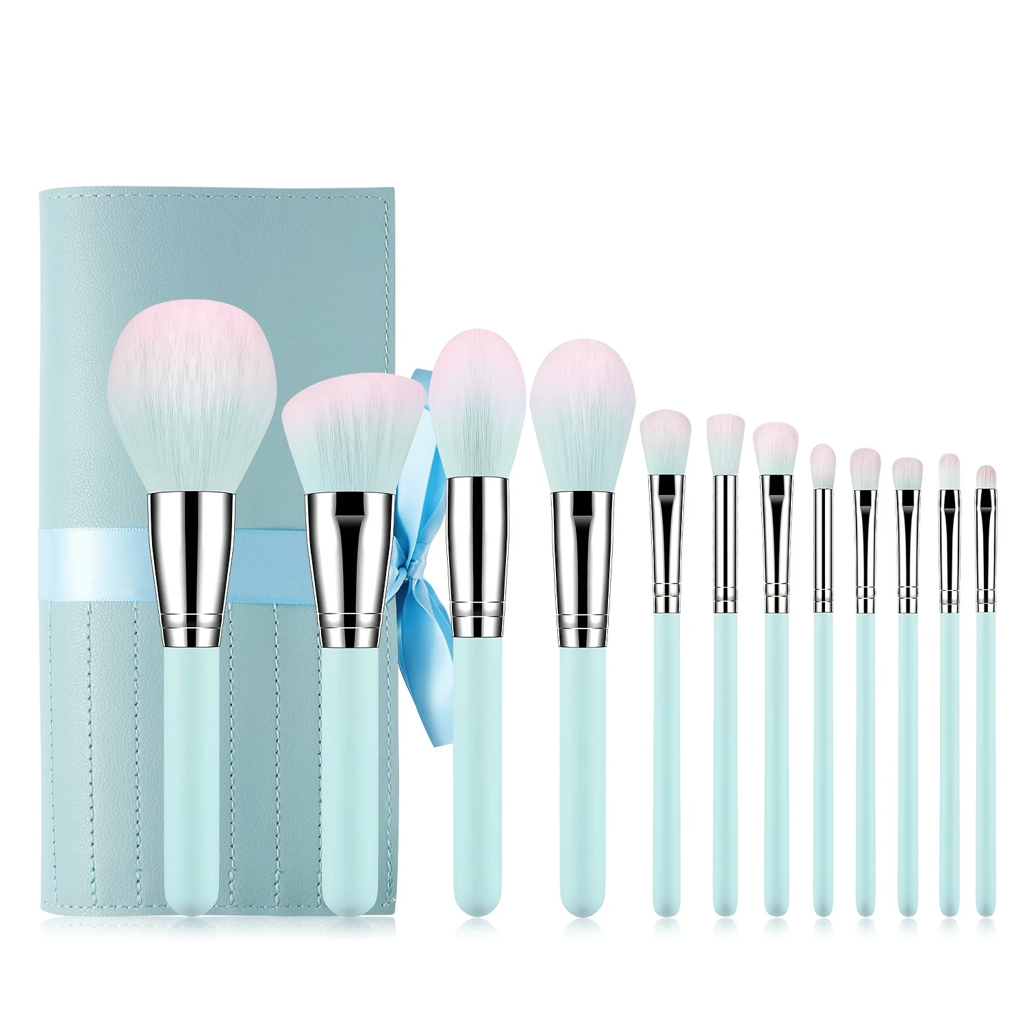 Blue Handle Makeup Brushes Set with Bag - Powder Foundation Blending Eyebrow Brush Tools