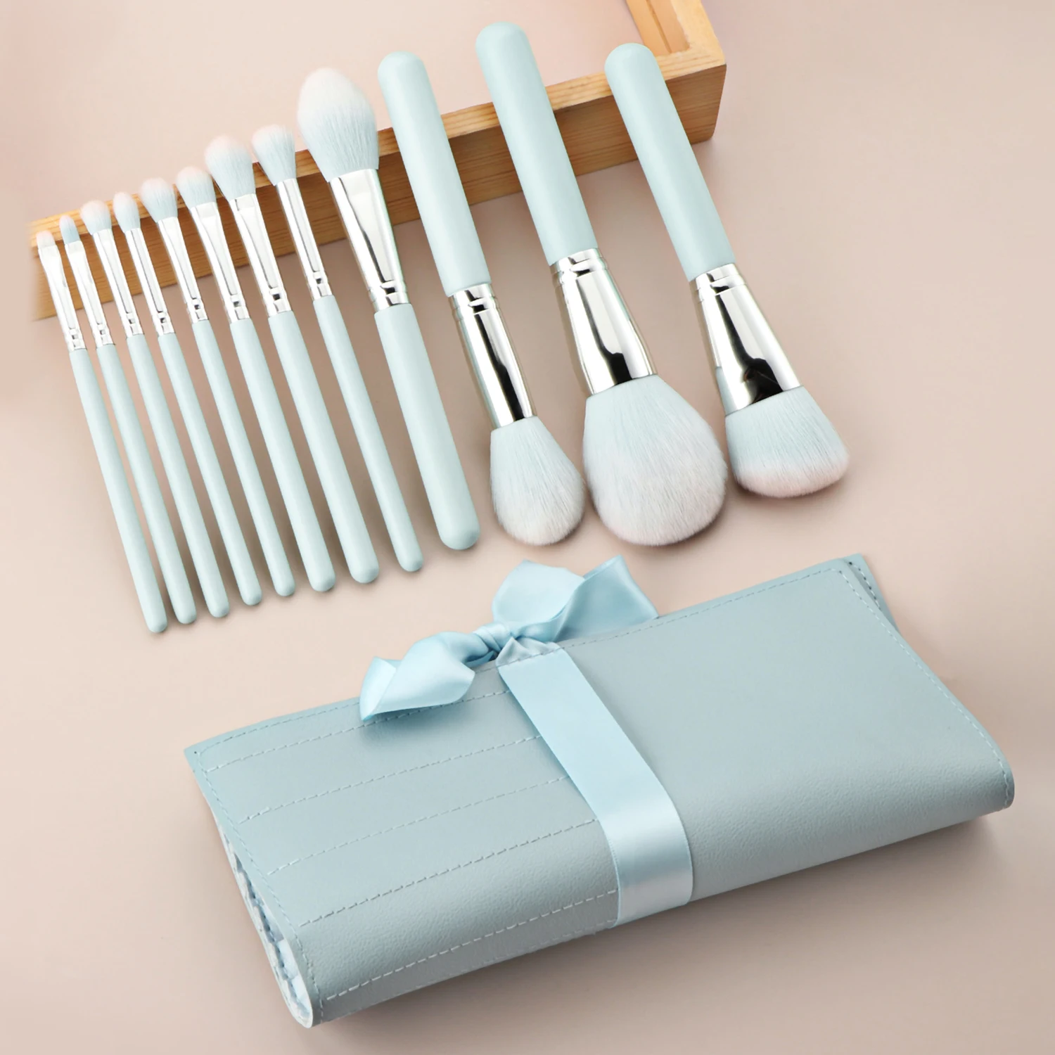 12Pcs Light Blue Makeup Brush Set With Storage Bag For Face Eye Foundation Eyeshadow