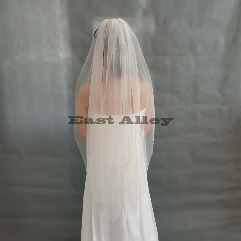 Crystal White Bridal Veil One Layer Beaded Edge Wedding Veils Fingertip, Floor Chapel  long bridal veil with comb