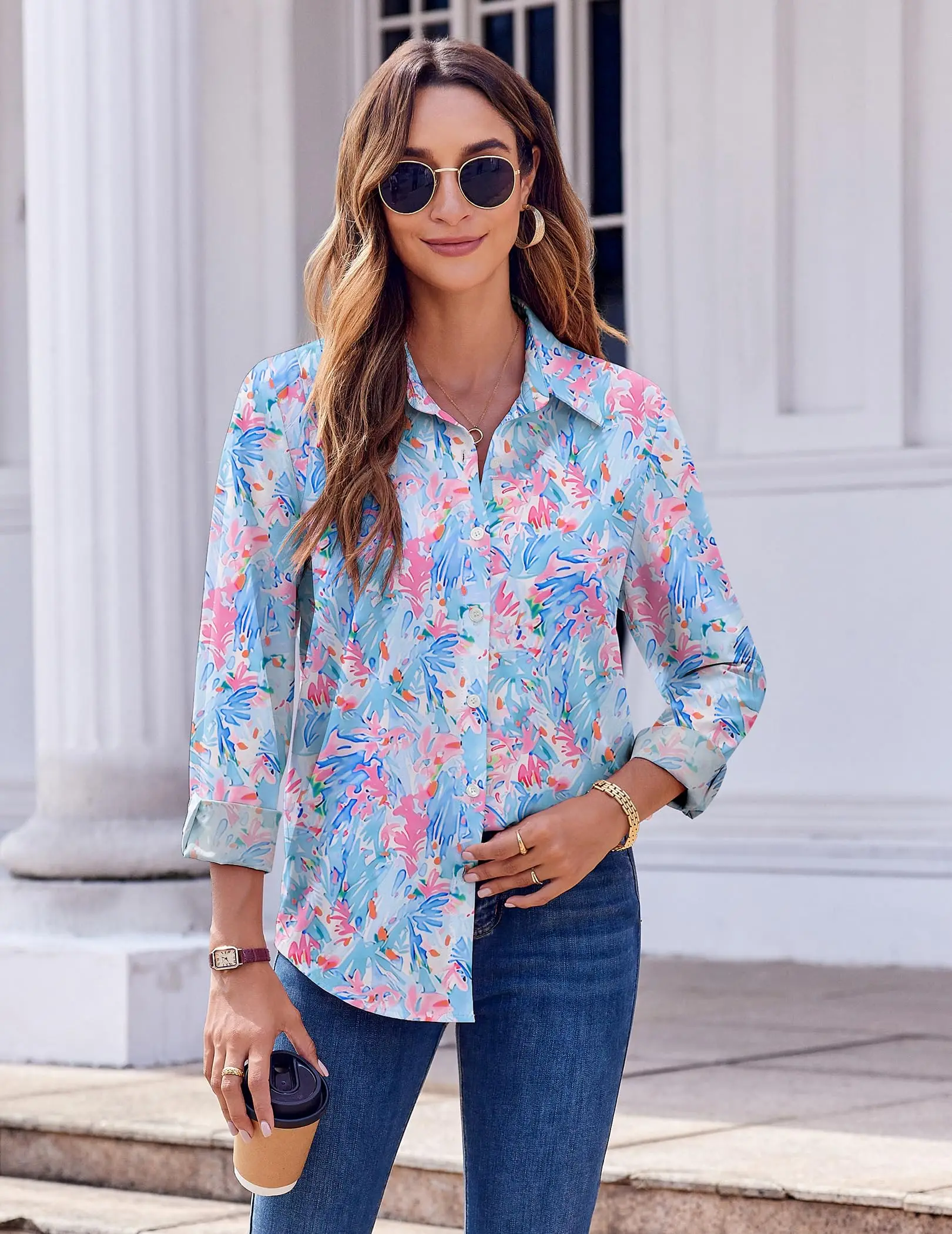 Ladies Elegant Floral Leaf Shirt Print Fashion Women Long Sleeve Shirt Simple Casual Work Tops