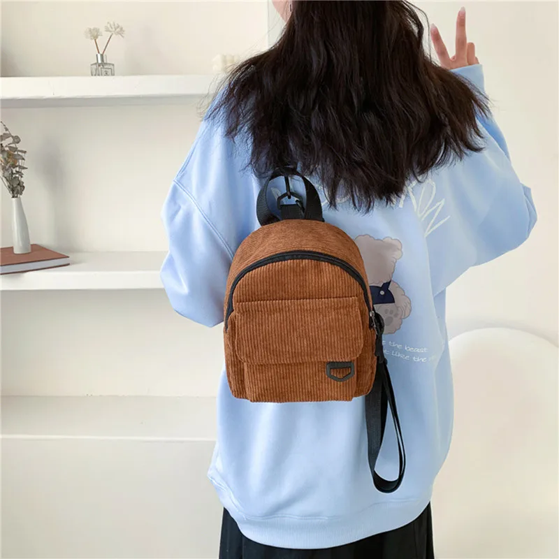 Women\'s Mini Backpack Fashion Solid Color Corduroy Small Simple Casual Traveling Large Capacity Durable Female\'s Schoolbag