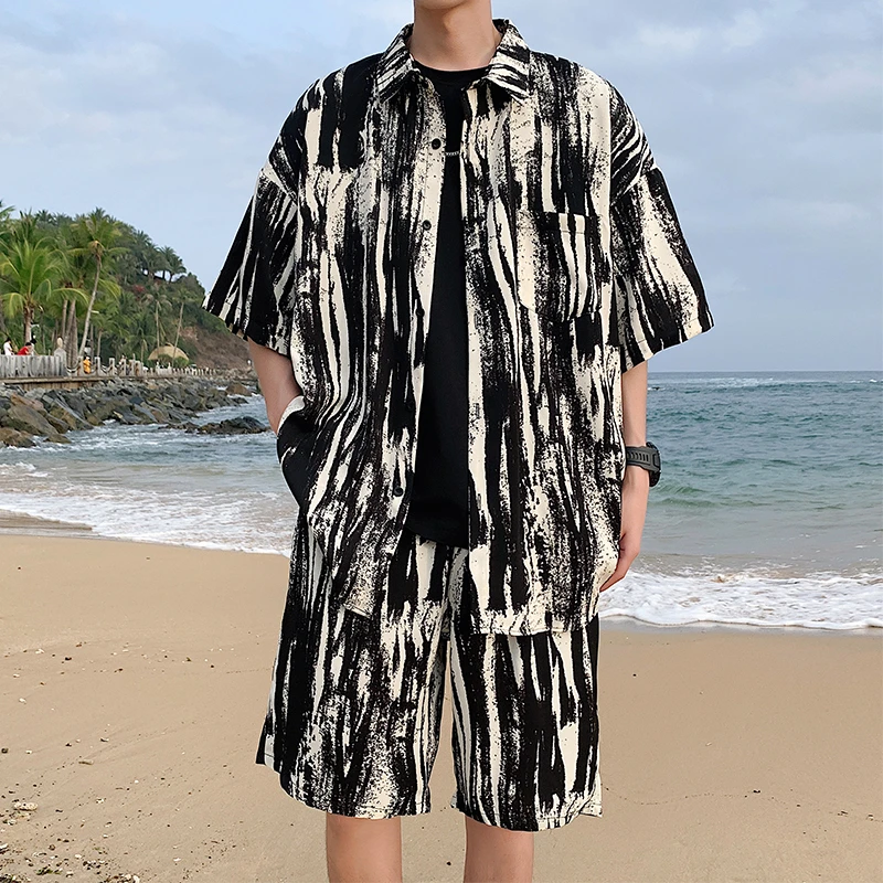 

TZ081 Beach Summer Men's Set T-shirt+Shorts Two Piece Set Korean 2025 Cool Loose Fashion Men's Shorts Set