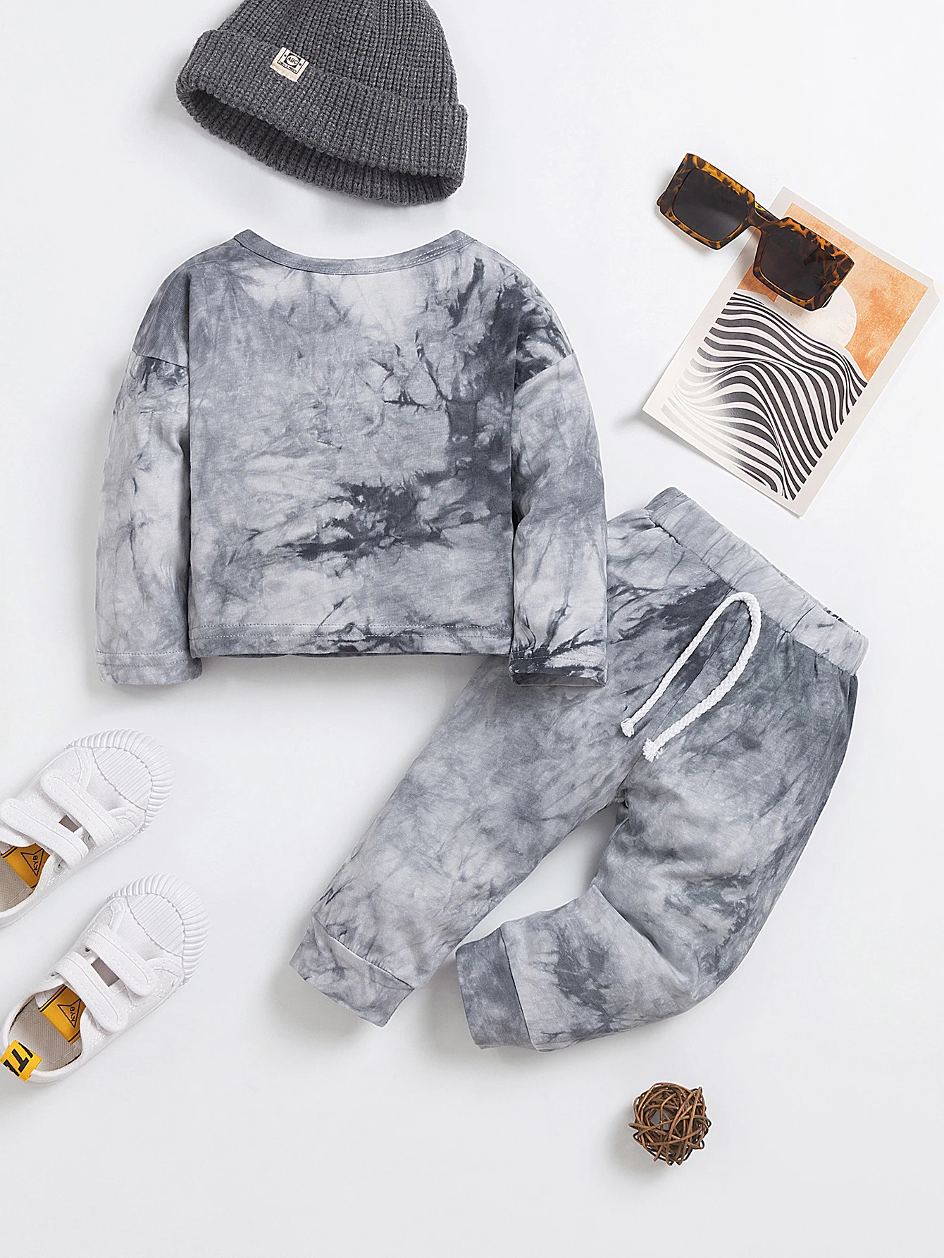 Grey Tie Dye Boys Outfit Set 9M-4Y Crew Neck Long Sleeve Shirt Drawstring Jogger Trousers Breathable Autumn Daily Clothes