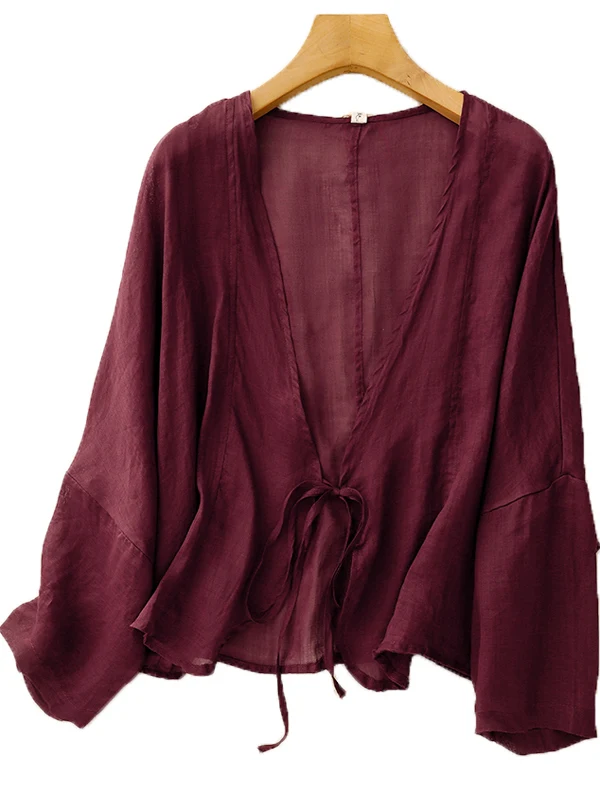 เสื้อคลุมคาร์ดิแกนผ้าลินินผสมคอตตอนลายมัดย้อมทรงหลวม แขนยาว สไตล์เรโทร สำหรับผู้หญิง ใส่สบายในฤดูร้อน คอวี  หลากสี