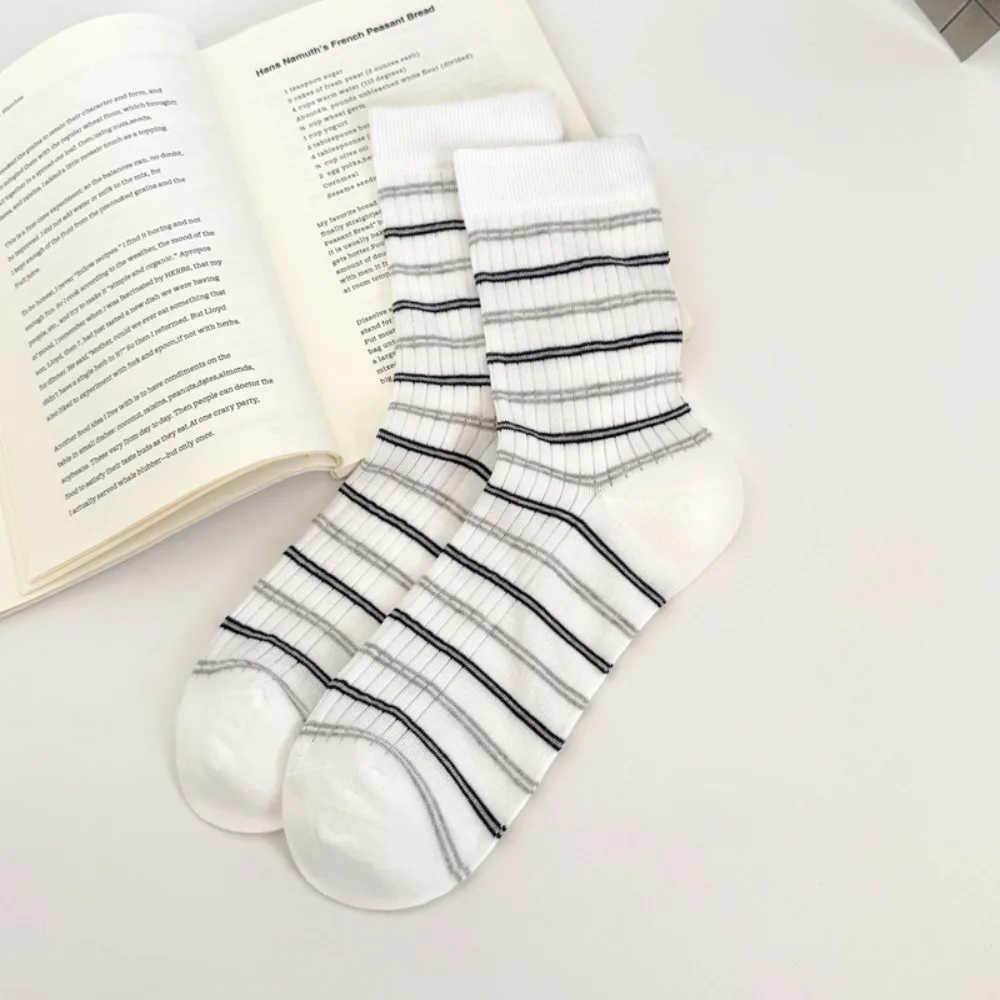 One Size Korean Style Cotton Socks Small Flower Light Mid-calf Socks Grey Checkered Breathable Boneless Pile Socks Spring Summer