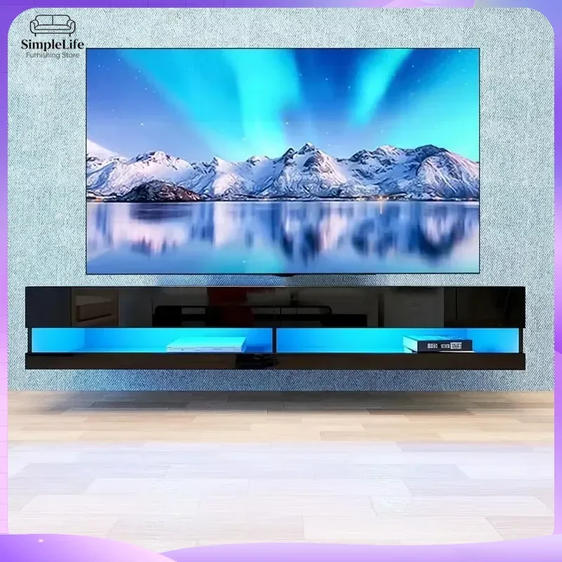 Wall Mounted TV Stand with LED Lights Floating Entertainment Center TV Shelf with Storage Cabinet Modern Living Room