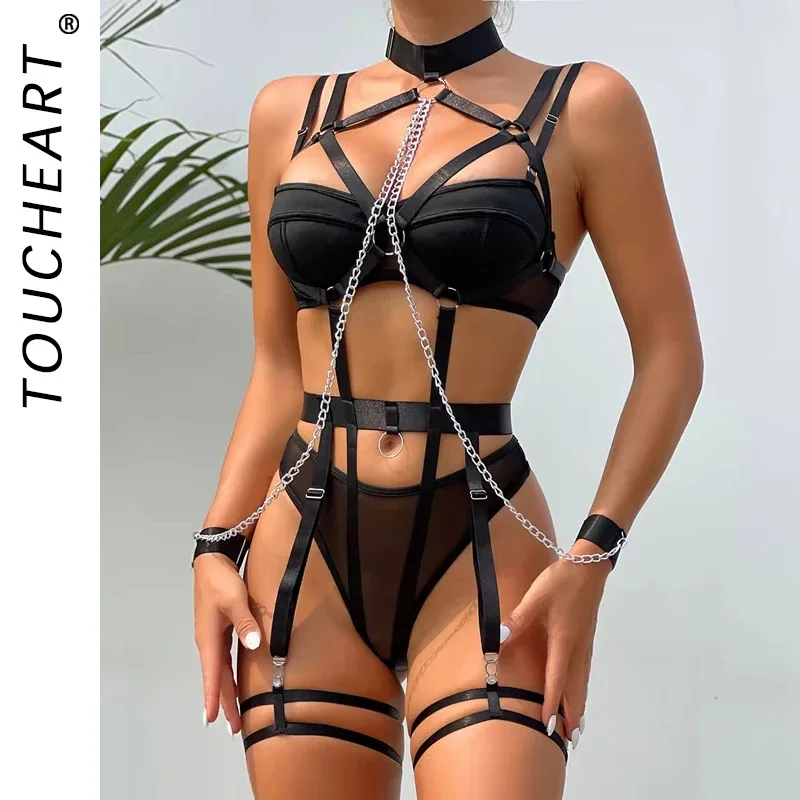 

Toucheart комплект из 4 предметов, сексуальный комплект нижнего белья с цепочкой и лямкой на шее для женщин, эротическое белье, искушение, сексуальный комплект нижнего белья с цепочкой для ролевых игр
