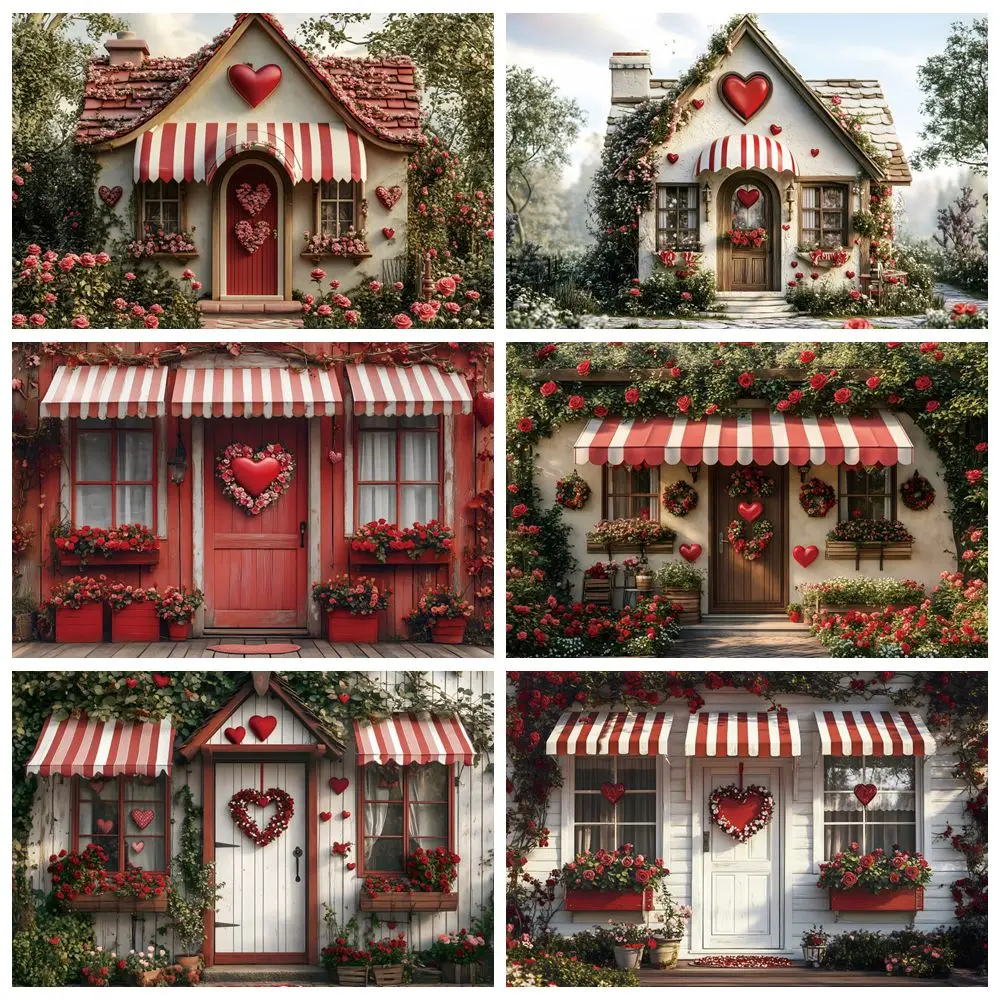 

Valentine's Day Backdrop Little House Wood Door Rose Flowers Outdoor Sweet Couple Portrait Photography Background Photo Studio