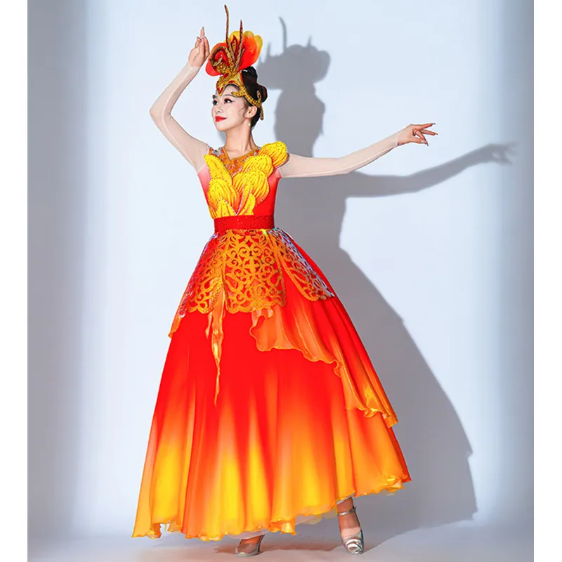 Red Yellow Gradual Change Flower Dance Costume New Year Performance Modern Dance Clothing V Neck Full-skirt Long Dress