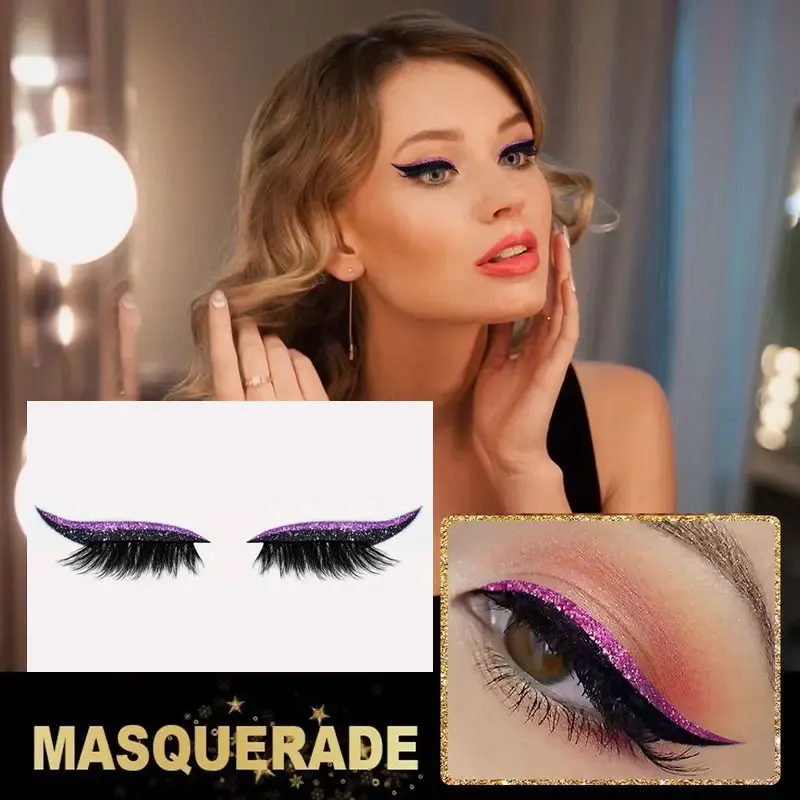 طقم رموش صناعية لامعة ذاتية اللصق، مقاومة للماء وخالية من الغراء، مثالية لمكياج الحفلات والمسرح