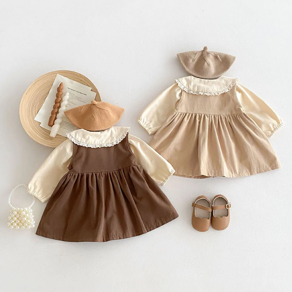 2024 New Autumn Kids Dress Set Children Cute Embroidered Flowers Sundress Girls Beige Lace Floral Shirt