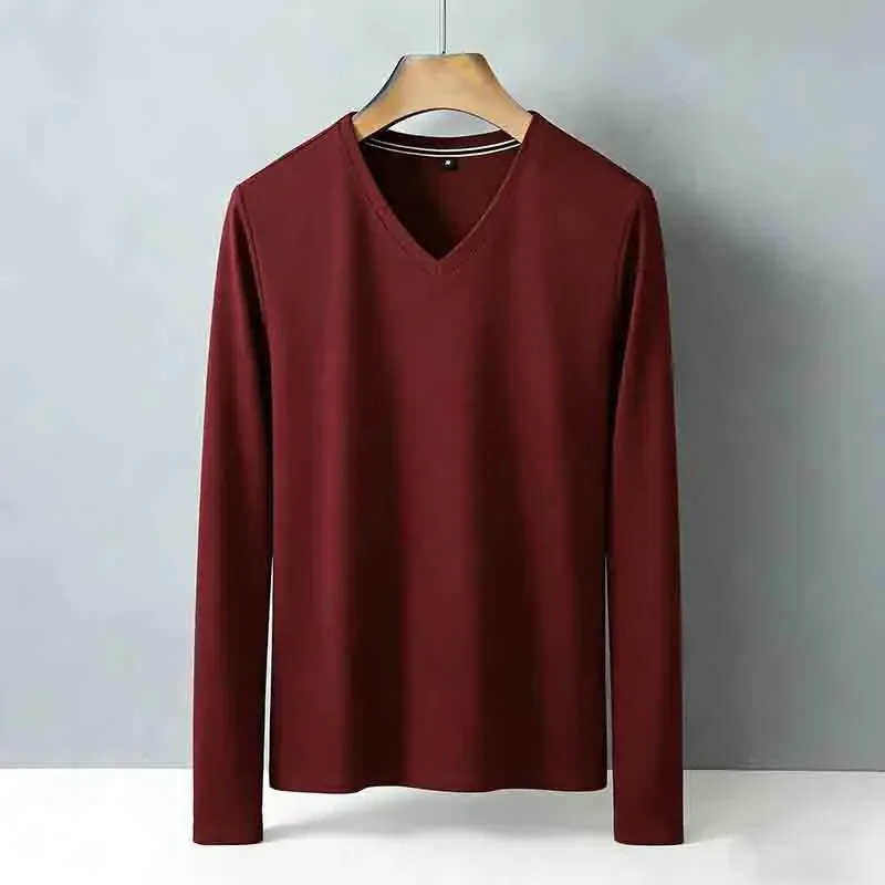 Bruin heren T-shirt met V-hals, lange mouwen, kreukherstellend, makkelijk te onderhouden, ademend, casual top