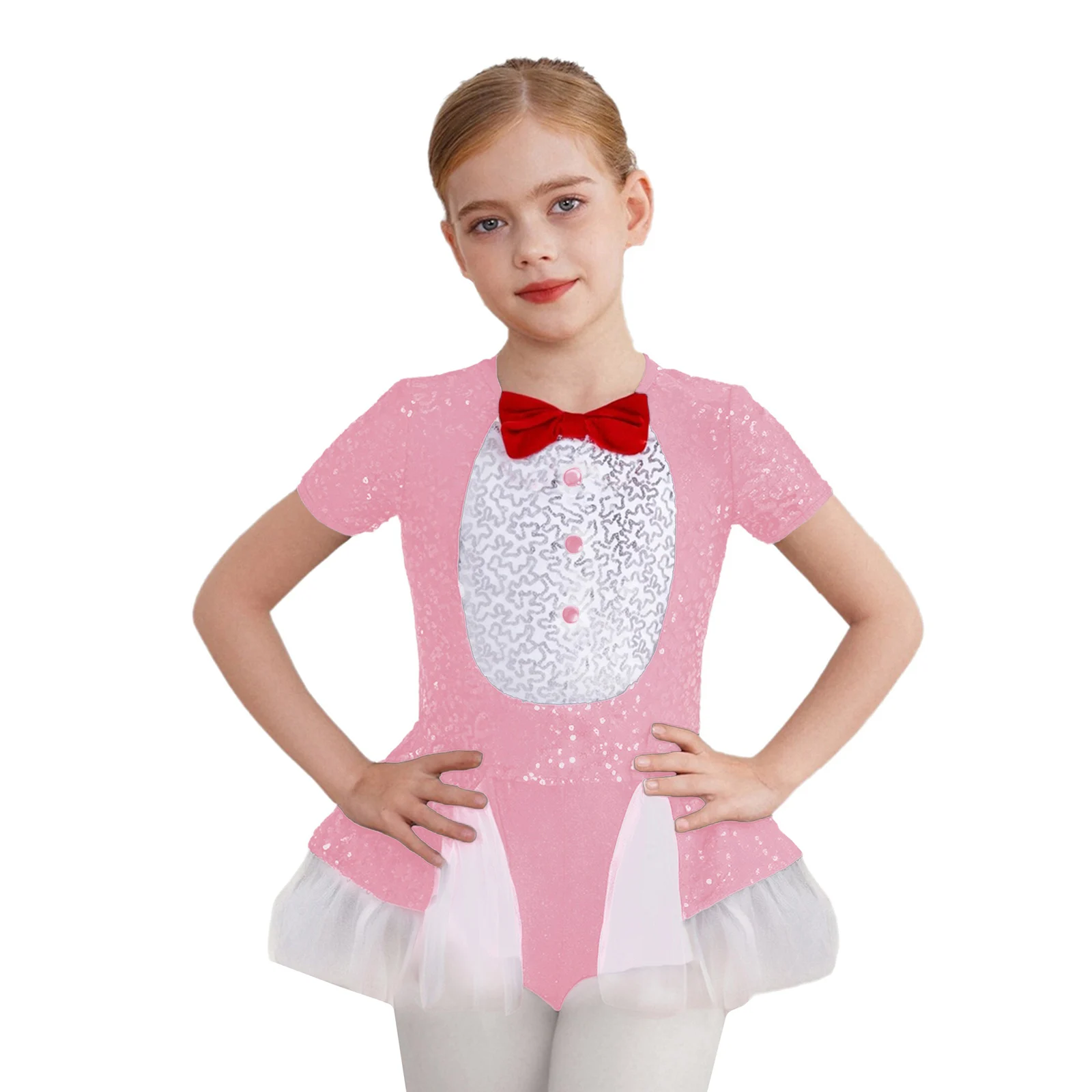 

Girls Ballet Tutu Dress Penguin Costume Sequins Color Contrast Short Sleeve Bow Tie Button Puffy Mesh Skirt with Built-In Shorts