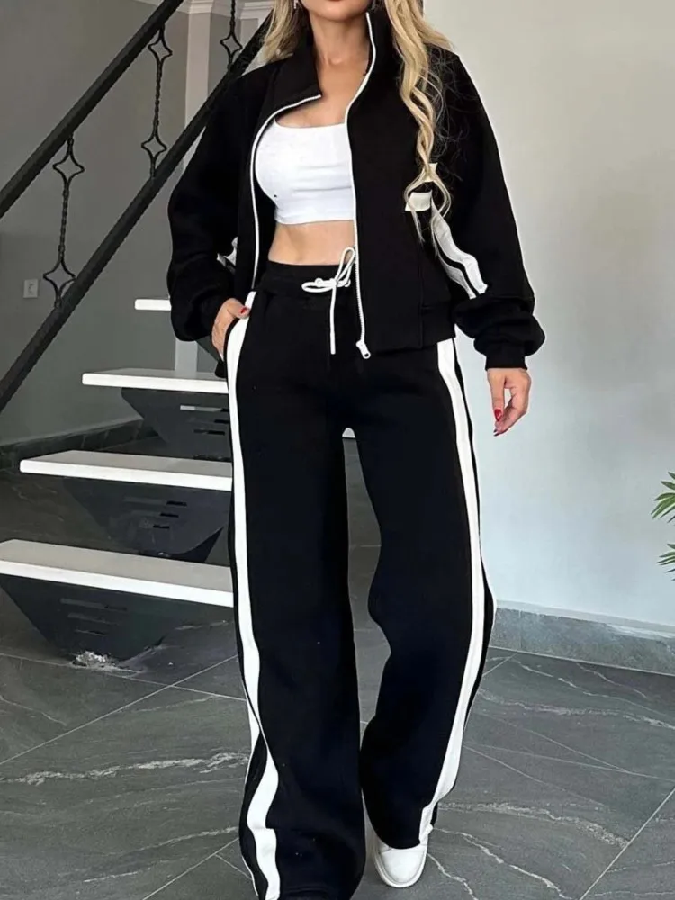 

Women's Fashion Stripe Print Sweatshirt Two Piece Sets Casual Long Sleeve Zipper Jackets Tops High Waist Wide Legs Pants Outfits