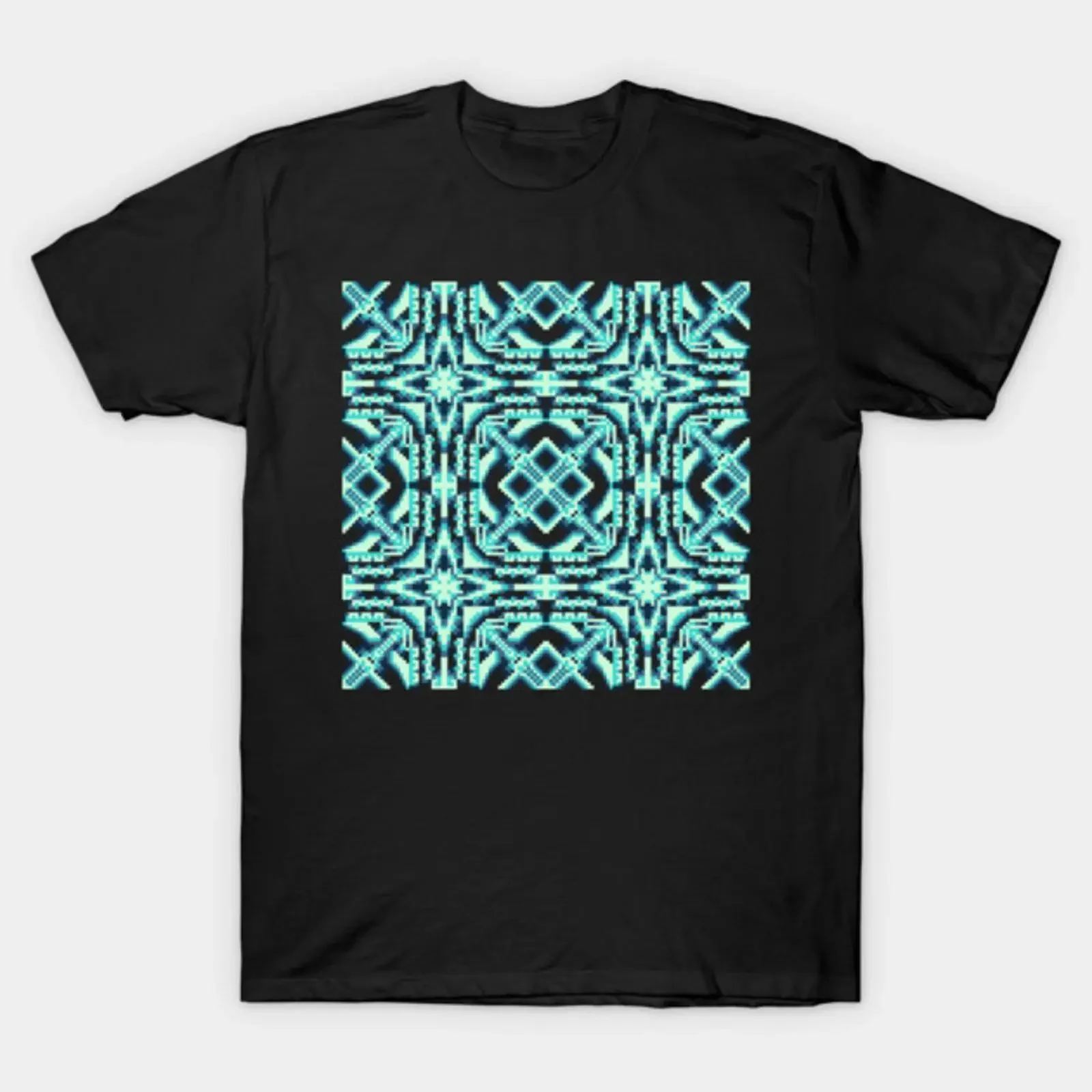 Pixel Art Teal Geometric Mosaic Pattern T Shirt vintage Washed Top For Everyday Wear Breathable Unisex designer clothes fashion