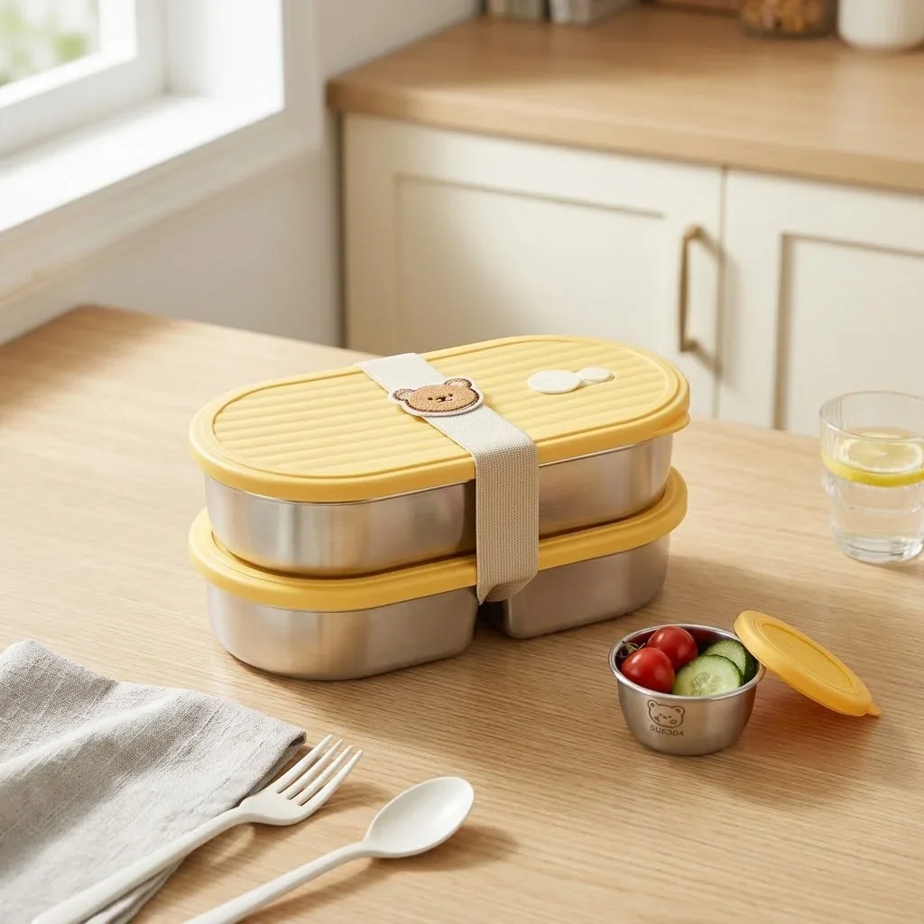304 Stainless Steel Bento Box With Sauce Box Leakproof 2 Compartment Lunch Boxes Microwavable Food Storage Container for Kids