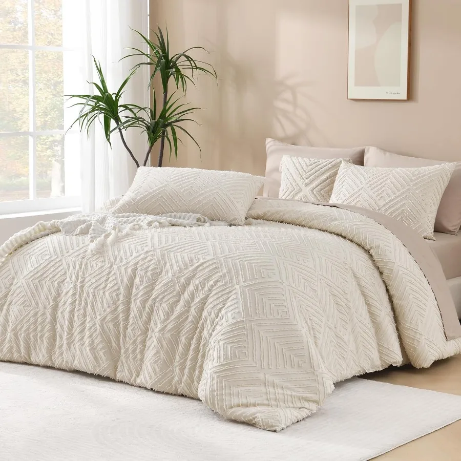 

King Size Comforter Set Beige 3 Pieces Boho King Bedding Comforter Set Cream All Season Soft Lightweight Tufted Textured Down A