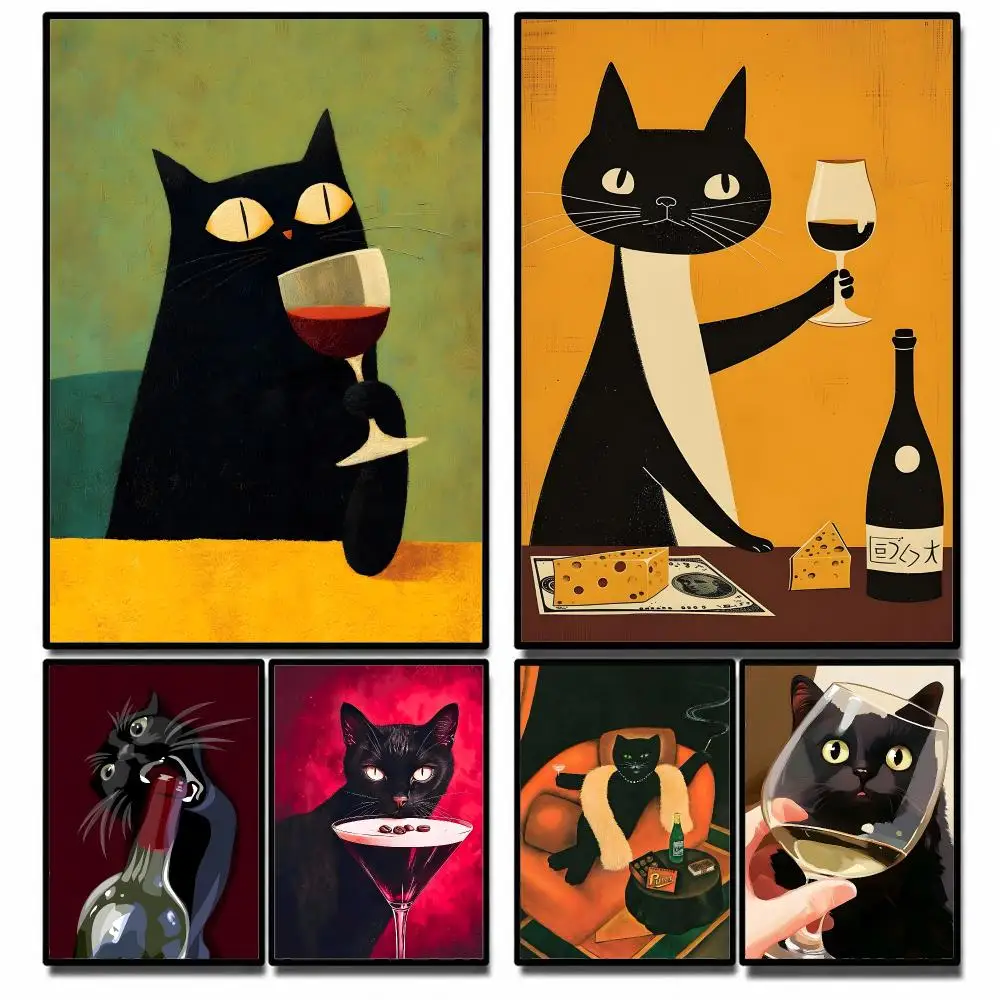 Pattern Black Cat Wine Bottle Chess Poster High-definition poster stickers, suitable for bedroom, living room, home decoration