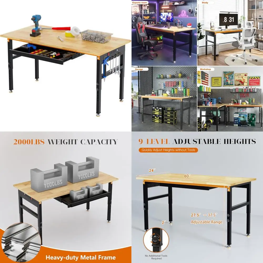 Adjustable Height Heavy Duty 2000 LB Workbench with Power Outlets, Pegboard, and Rubber Wood Workstation for Ultimate Workshop E