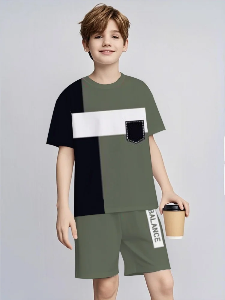 

2Pcs Fashion Children Clothes Contrast Color T-shirt Elastic Waist Shorts Comfy Summer Short Sleeve Kids Clothes For Age 7-13Y