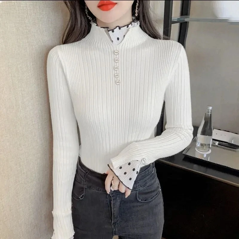 

Semi-turtle Neck Bottoming Sweater Women's 2025 New Autumn Winter Joker Long Sleeve Lace Stitching Pullover Sweater Female Tops