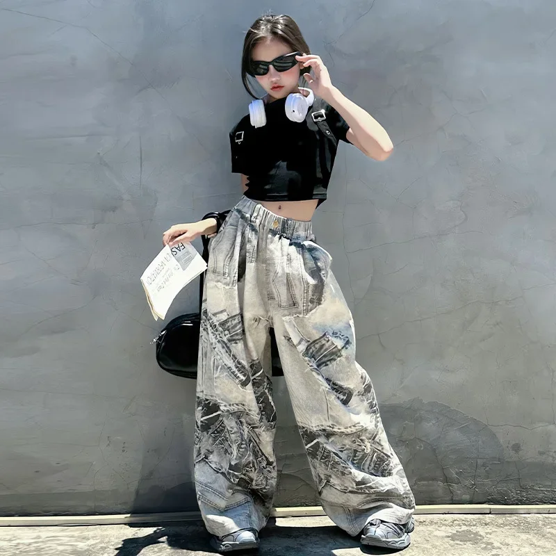 

Stylish Kids Spring Newspaper Cargo Pants With Pocket For Girls Fashion High Street Trousers Child Loose Streetwear Sweatpants