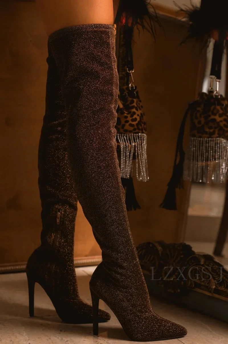 2024 New Sexy Over The Knee Long Boots Leopard Flock High Heels 11CM Thin Heels Side Zipper Street Style Long Boots for Women