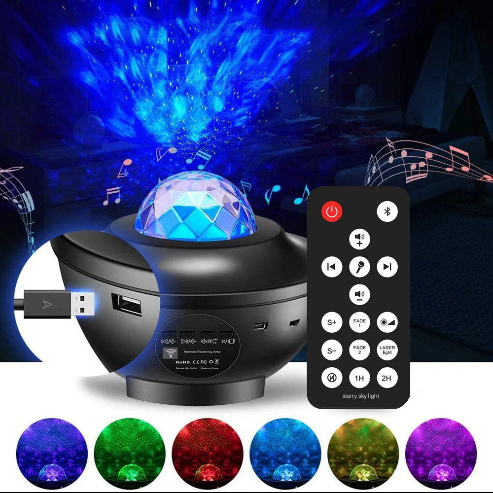 

Starry Projector Galaxy Night Light with Ocean Wave Music Speaker Disco Stage Light, Home Theater Ceiling,Room Decor USB Power