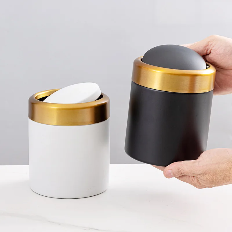 

304 Stainless Steel Mini Countertop Brushed Swing Lid Trash Can Set, 1.5 L / 0.40 Gal,Desktop gold trash can