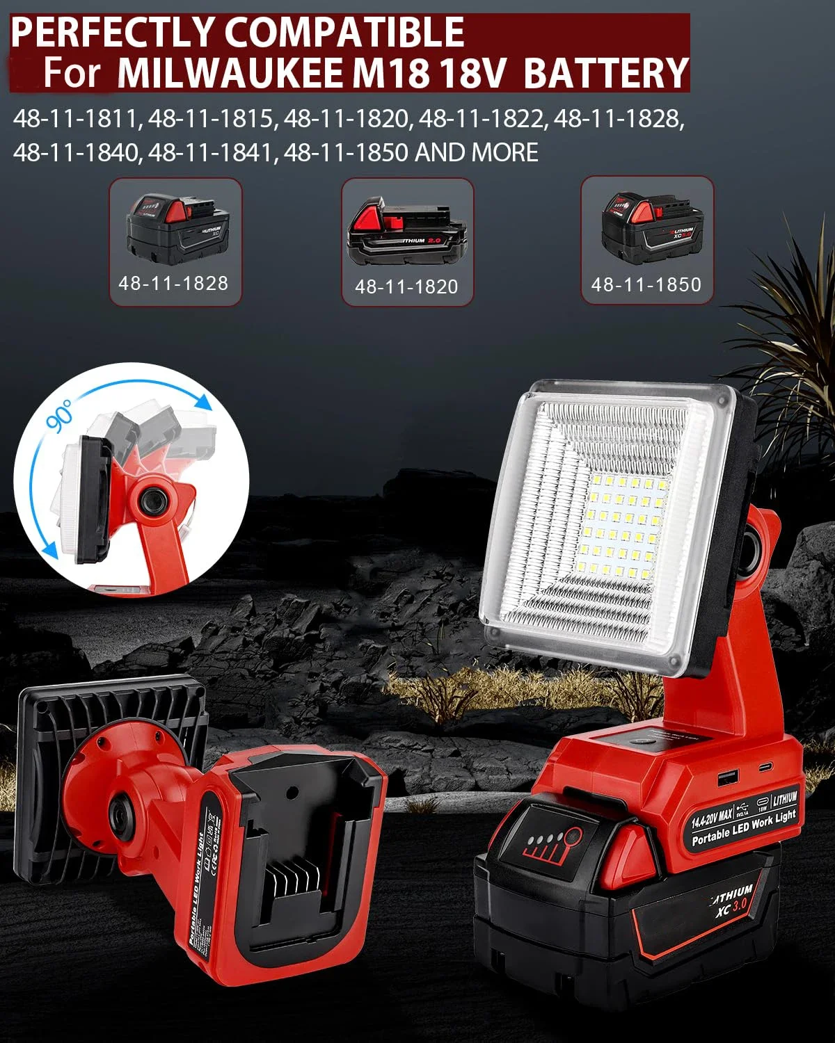 Rechargeable Camping Light Portable LED Work Light for Milwaukee 18V Lithium Batteries with USB Port for Work Sites Emergencies