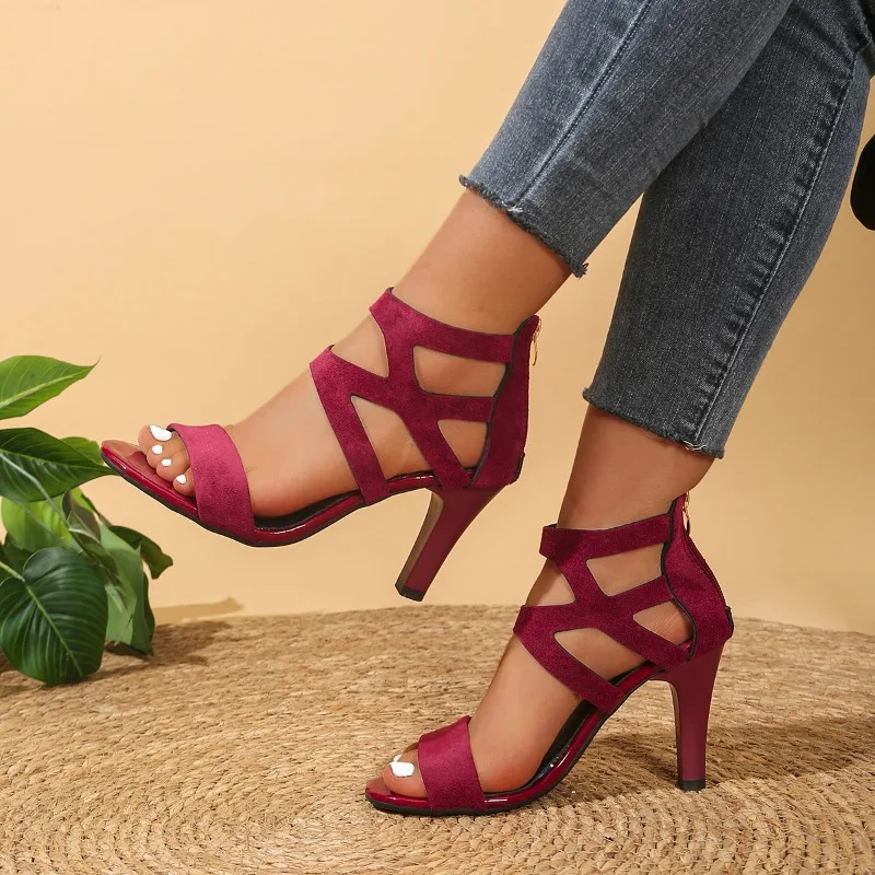 2026 Fashion Hollow Out Solid Color High Heel Women's Sandals Summer New Casual Simple Back Zipper Women Shoes Босоножки Женские