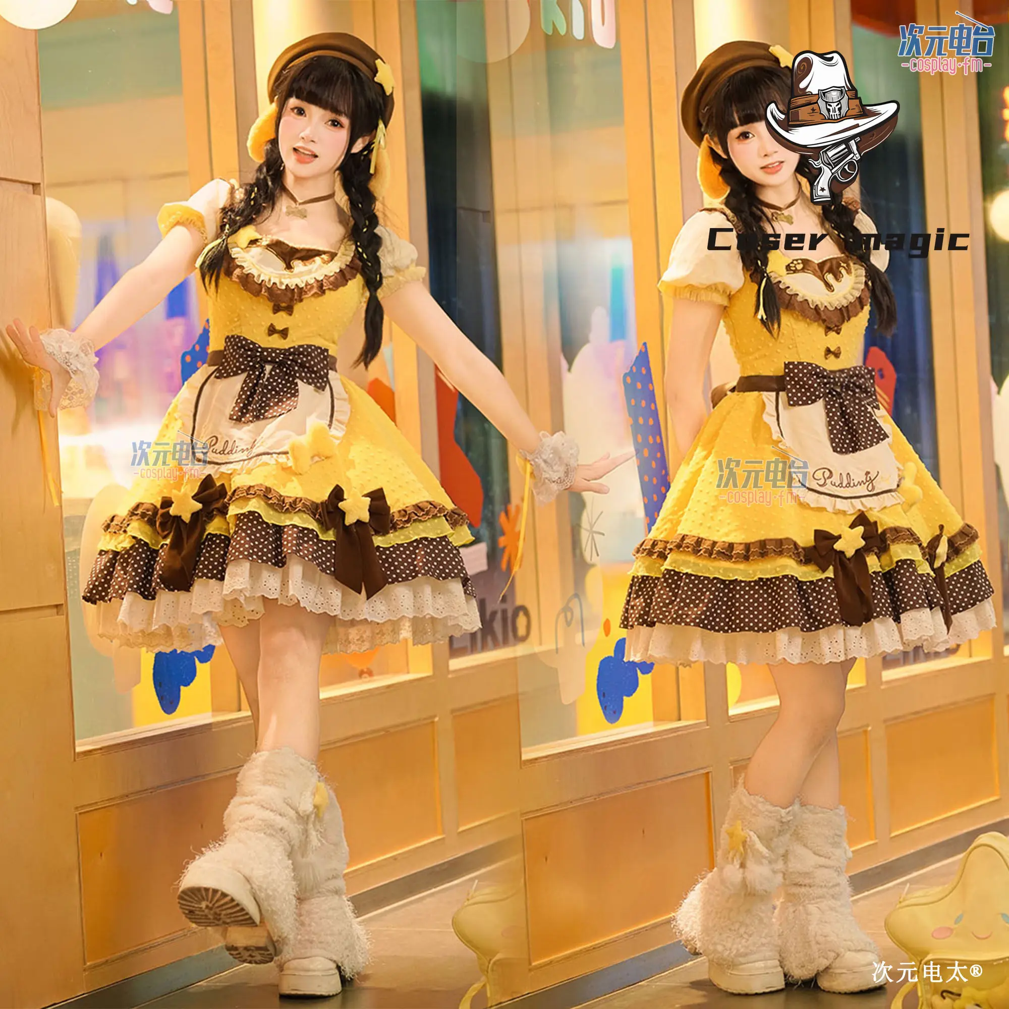 

Yellow Puppy Light Lolita Skirt, Pudding Cute Yellow Dress Series with Hat, Original Character Outfit