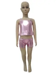 Girls Sexy Costume Top + shorts Two Pieces Shiny Metallic Zentai Catsuit Unitard Halloween Party Leotard for kids women