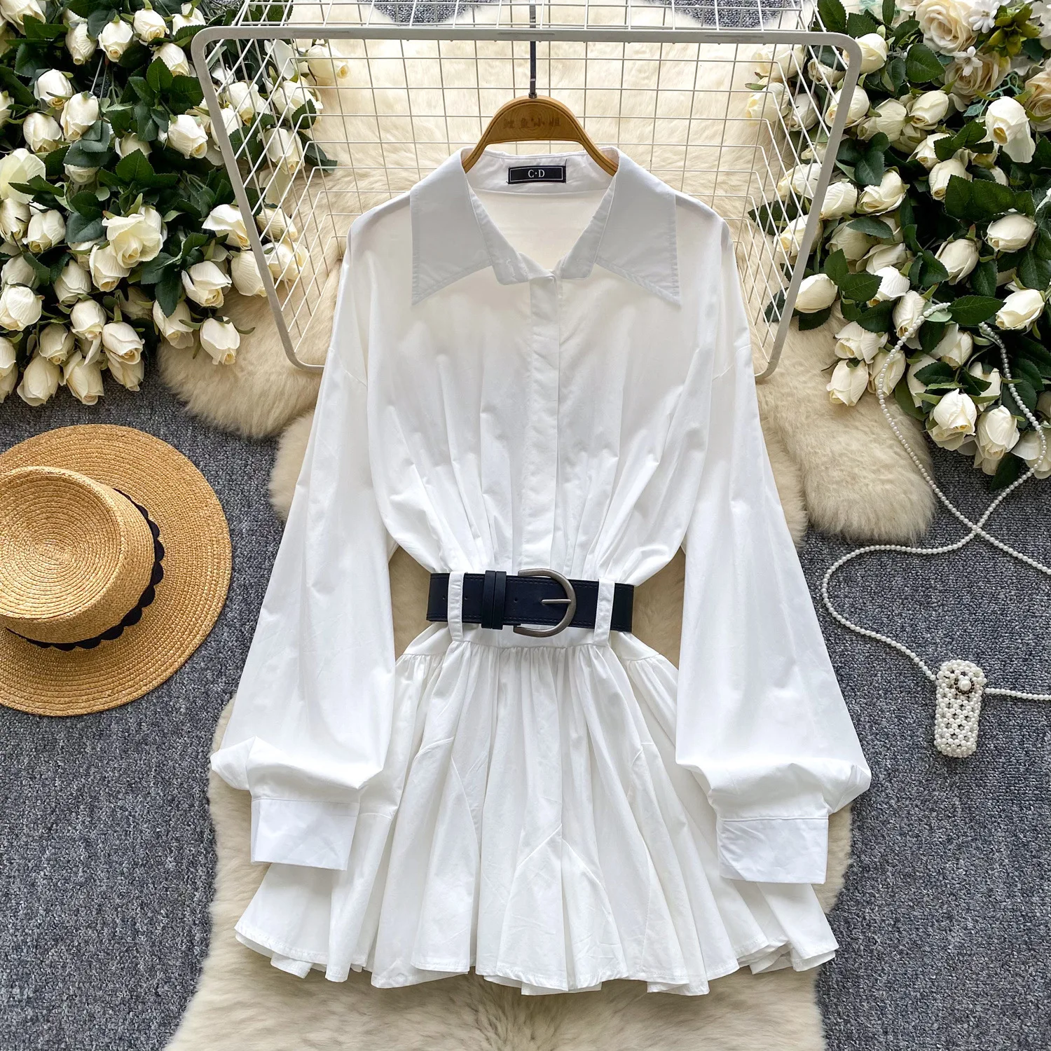 

Women Pleated Dress White Y2k Dresses Casual Lantern Sleeve Sash Turn Down Collar Empire Waist Short Single Breasted Autumn