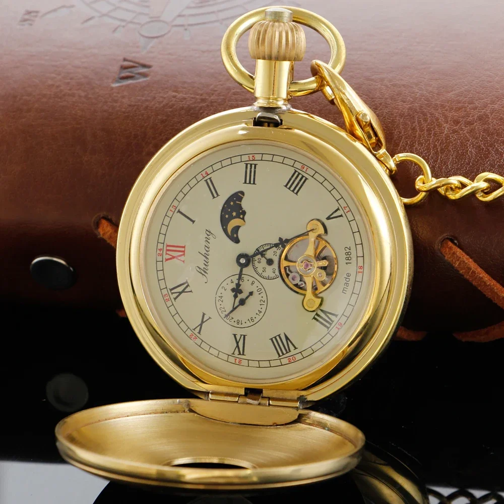 NEW Antique Luxury Tourbillon Moon Phase Steampunk Mechanical Pocket Watch Retro Gentleman Analog Signal Clock Lady Jewelry Gift